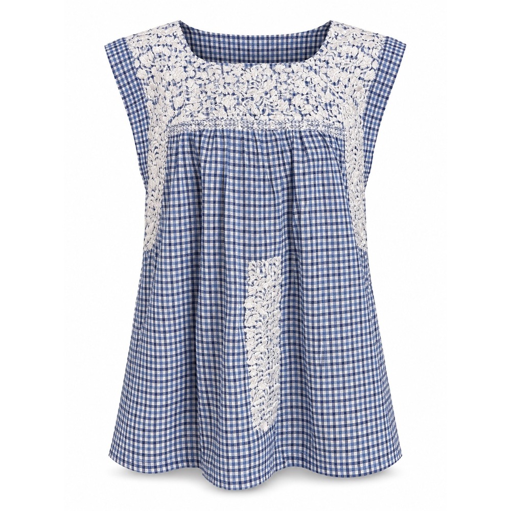 J. Marie Blouse L Blue Gingham Embroidered Cottagecore Coquette Grandmillennial